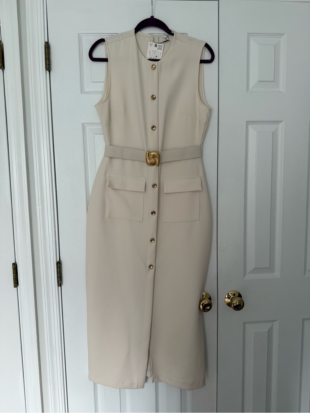 Zara Cream Sleeveless Button-Front Belted Midi Dress